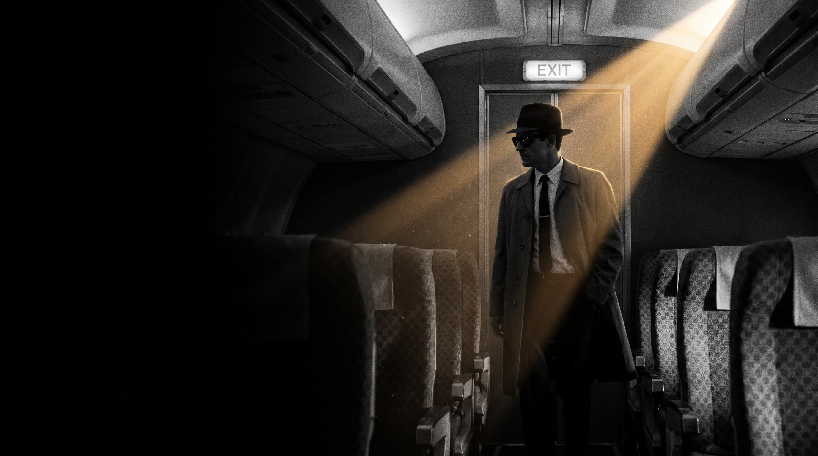A silhouetted figure in a dark suit and sunglasses standing near an aircraft exit, evoking the DBC Workshop hijacker persona