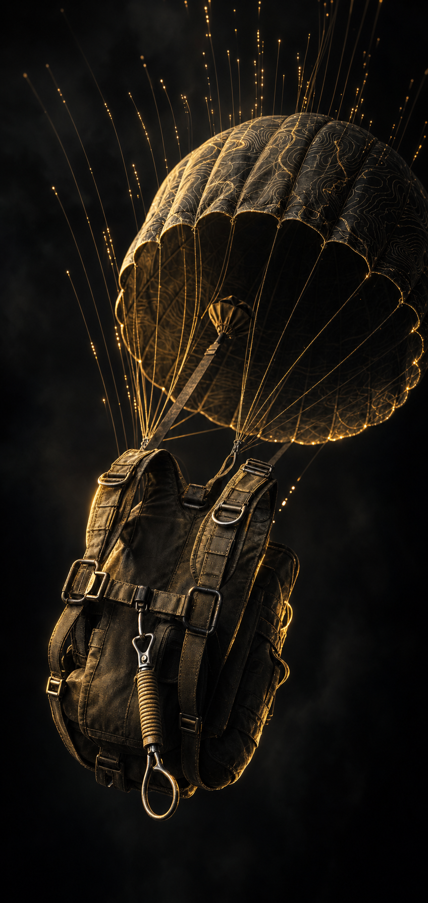 A dramatic 3D render of a vintage parachute rig with amber rim lighting and streaking data trails, evoking flight risk and tracked rankings